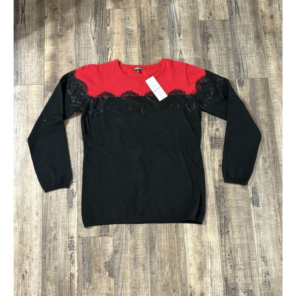 HANNAH (Size Large) Sweater Red & Black Lace Trim Long Sleeve NWT